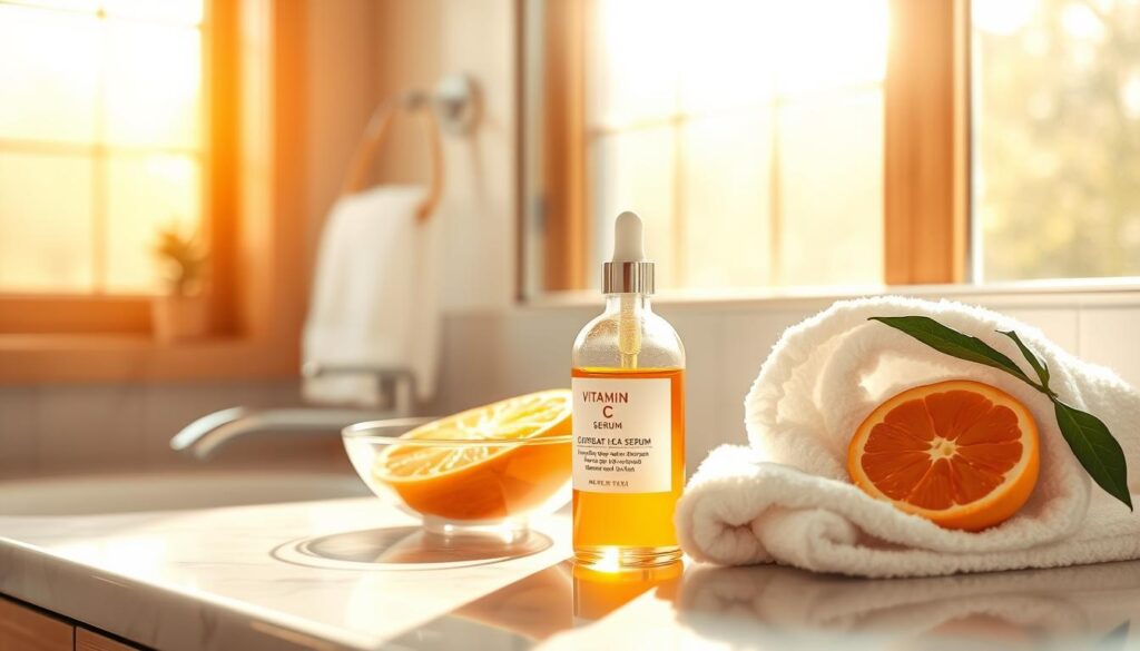 A bathroom vanity with a glass bottle of vitamin C serum, a small bowl of freshly sliced oranges, and a soft white towel. The vanity is illuminated by natural sunlight streaming through a large window, casting a warm, golden glow across the scene. The vitamin C serum bottle is positioned prominently, its label clearly visible, while the oranges add a refreshing, organic element to the composition. The overall atmosphere is serene and spa-like, inviting the viewer to imagine the soothing ritual of applying the serum as part of their daily skincare routine.