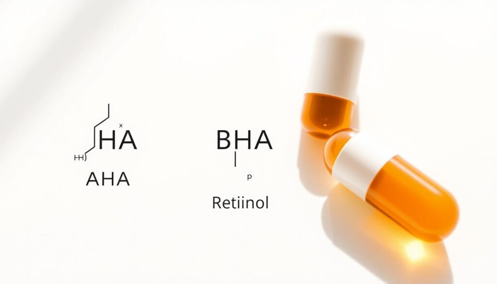 A close-up comparison of three skincare actives - alpha hydroxy acid (AHA), beta hydroxy acid (BHA), and retinol. Depicted on a clean, minimalist background with soft natural lighting. AHA and BHA are shown as molecular diagrams, while retinol is represented by a vitamin A capsule. The scene conveys a sense of scientific inquiry and educational purpose, highlighting the unique properties and functions of these ingredients. The image should help viewers understand the key differences between these popular skin rejuvenating compounds. A close-up comparison of three skincare actives - alpha hydroxy acid (AHA), beta hydroxy acid (BHA), and retinol. Depicted on a clean, minimalist background with soft natural lighting. AHA and BHA are shown as molecular diagrams, while retinol is represented by a vitamin A capsule. The scene conveys a sense of scientific inquiry and educational purpose, highlighting the unique properties and functions of these ingredients. The image should help viewers understand the key differences between these popular skin rejuvenating compounds.
