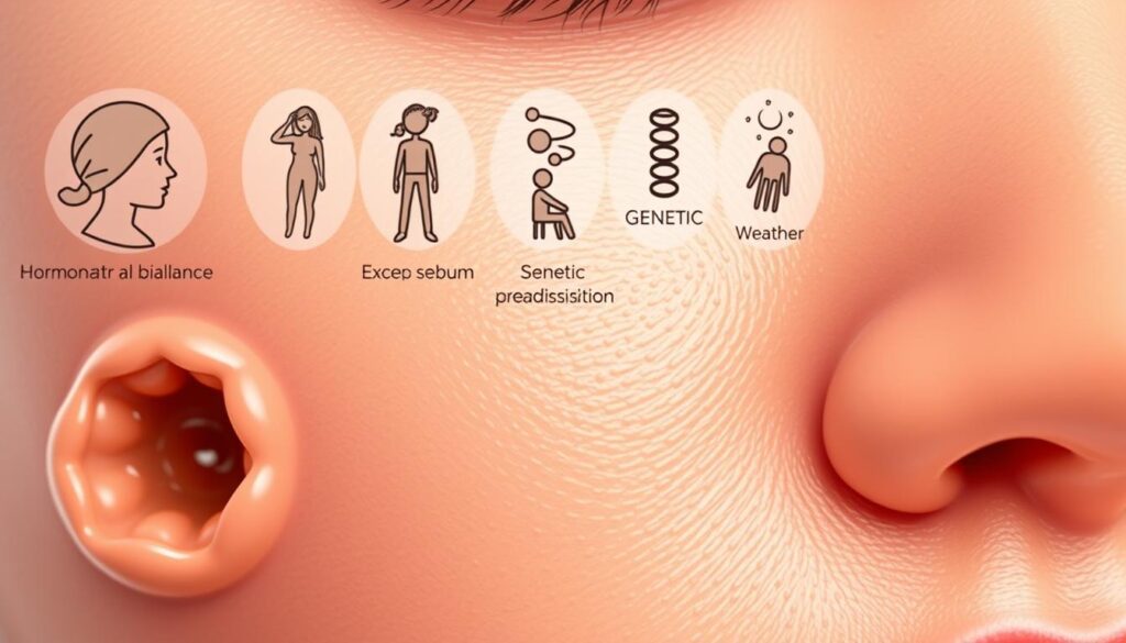 A close-up, detailed illustration showcasing the key factors contributing to oily skin. In the foreground, depict enlarged pores, excess sebum production, and clogged follicles on a complexion with a glossy, shiny appearance. In the middle ground, include visuals of hormonal imbalances, stress, and genetic predisposition, represented through symbolic imagery. In the background, capture environmental elements like humidity and harsh weather that exacerbate oily skin conditions. Render this scene with a clinical, informative style using a soft, muted color palette to convey the medical and educational nature of the subject matter. Ensure the overall composition clearly communicates the core causes of oily skin.