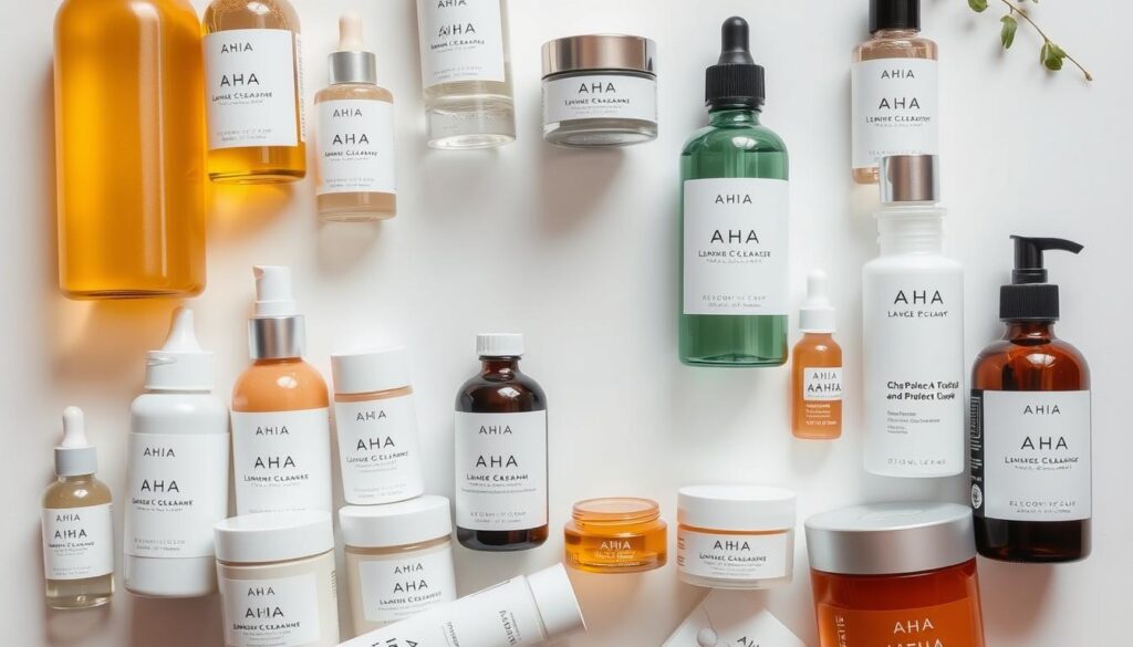 A close-up display of various AHA skincare products arranged on a clean, minimalist white background. The products are showcased in a neatly organized manner, including bottles, jars, and tubes of different AHA-based cleansers, serums, and moisturizers. The lighting is soft and diffused, highlighting the textures and colors of the products. The overall composition conveys a sense of simplicity, purity, and professionalism, reflecting the scientific nature of the active ingredient being discussed in the article. A close-up display of various AHA skincare products arranged on a clean, minimalist white background. The products are showcased in a neatly organized manner, including bottles, jars, and tubes of different AHA-based cleansers, serums, and moisturizers. The lighting is soft and diffused, highlighting the textures and colors of the products. The overall composition conveys a sense of simplicity, purity, and professionalism, reflecting the scientific nature of the active ingredient being discussed in the article.