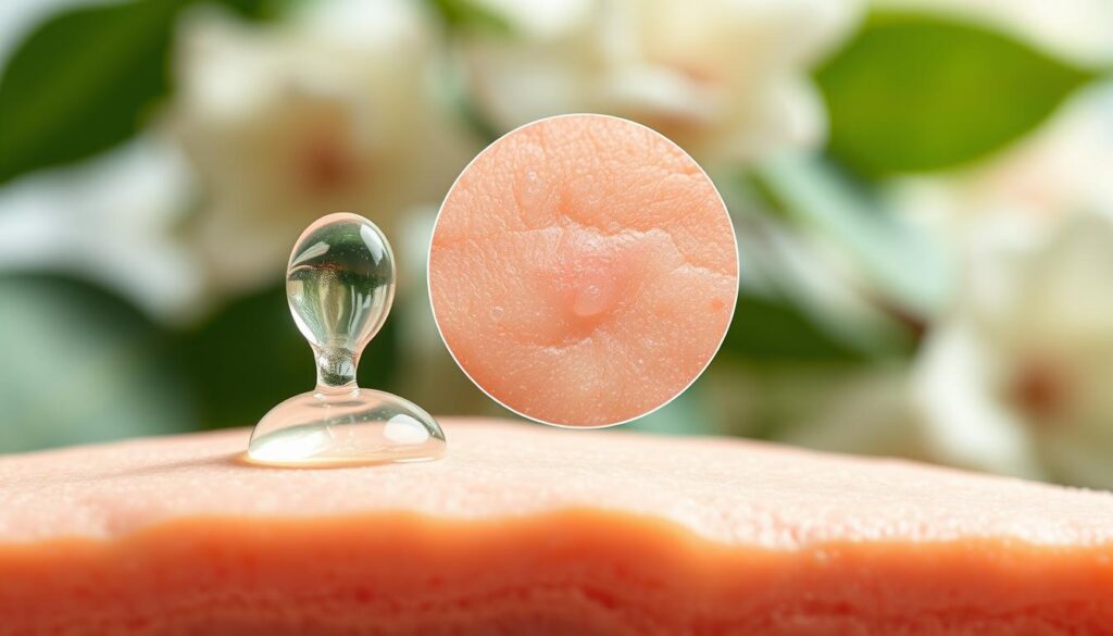 A close-up, hyper-realistic photograph of a skin section showcasing the benefits of beta hydroxy acid (BHA) for acne-prone skin. The image is captured in soft, diffused natural lighting, highlighting the skin's texture and clarity. In the foreground, a translucent layer of BHA serum is visible, gently exfoliating and unclogging pores. The middle ground features a magnified view of the skin's surface, revealing reduced inflammation, diminished blemishes, and a more even tone. In the background, a blurred, soothing backdrop of botanical elements like green leaves or flowers provides a sense of calmness and wellness. The overall atmosphere conveys the efficacy and rejuvenating properties of BHA for individuals with acne-prone skin. A close-up, hyper-realistic photograph of a skin section showcasing the benefits of beta hydroxy acid (BHA) for acne-prone skin. The image is captured in soft, diffused natural lighting, highlighting the skin's texture and clarity. In the foreground, a translucent layer of BHA serum is visible, gently exfoliating and unclogging pores. The middle ground features a magnified view of the skin's surface, revealing reduced inflammation, diminished blemishes, and a more even tone. In the background, a blurred, soothing backdrop of botanical elements like green leaves or flowers provides a sense of calmness and wellness. The overall atmosphere conveys the efficacy and rejuvenating properties of BHA for individuals with acne-prone skin.