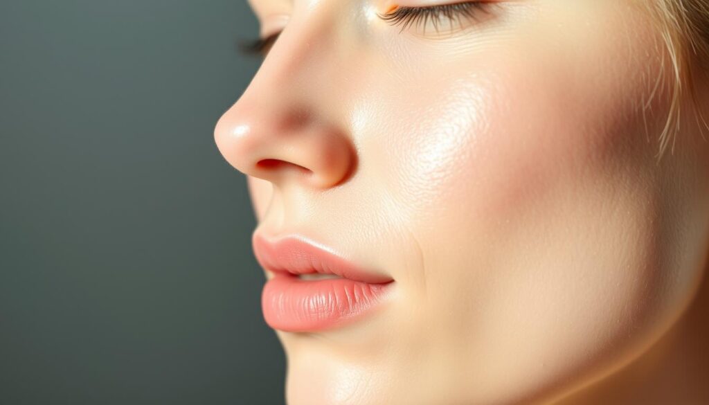 A close-up shot of a clean, radiant face with glowing, healthy skin. The face is lightly illuminated from the side, creating soft shadows that accentuate the natural contours. The skin appears smooth and blemish-free, with a subtle, dewy glow. The lighting is soft and diffused, creating a calming, serene atmosphere. The focus is on the face, with a blurred, minimalist background that allows the subject to take center stage. The overall mood is one of tranquility and well-being, conveying the effectiveness and gentleness of the face wash for sensitive, acne-prone skin.