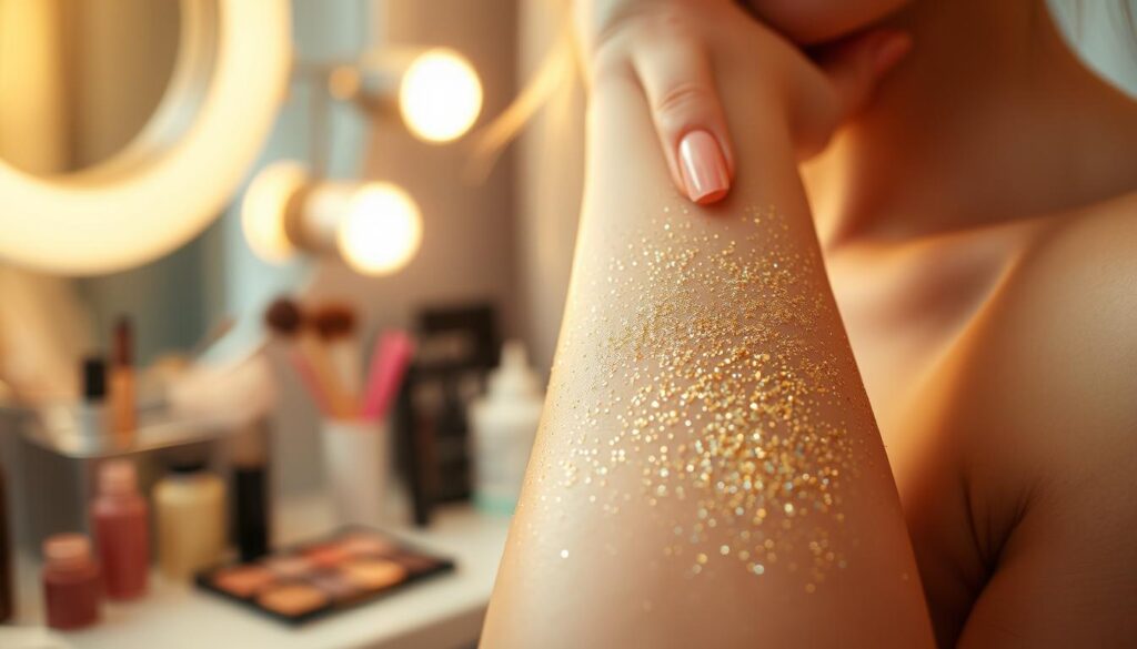 A close-up shot of a feminine hand gently applying shimmering body glitter to the skin of the forearm. The glitter is a mix of fine gold and silver particles that catch the light, creating a radiant, luminous effect. The background is blurred, but hints at a vanity table with makeup brushes and bottles. Soft, warm lighting from a ring light or window illuminates the scene, casting a gentle glow. The atmosphere is one of luxury, indulgence, and celebration, perfect for a summer party or special occasion. A close-up shot of a feminine hand gently applying shimmering body glitter to the skin of the forearm. The glitter is a mix of fine gold and silver particles that catch the light, creating a radiant, luminous effect. The background is blurred, but hints at a vanity table with makeup brushes and bottles. Soft, warm lighting from a ring light or window illuminates the scene, casting a gentle glow. The atmosphere is one of luxury, indulgence, and celebration, perfect for a summer party or special occasion.
