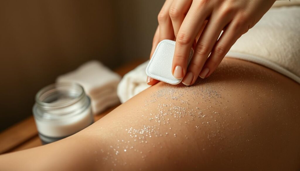 A close-up shot of a woman's hands gently removing glittery body makeup from her skin. The foreground shows the hands delicately swiping a makeup remover pad across the shimmering surface, revealing the natural complexion underneath. The middle ground features a glass jar of makeup remover and a soft, plush towel. The background is softly blurred, creating a serene, spa-like atmosphere with muted, natural tones. Warm, diffused lighting casts a gentle glow, highlighting the process of cleansing and refreshing the skin after a night of glittering celebration. A close-up shot of a woman's hands gently removing glittery body makeup from her skin. The foreground shows the hands delicately swiping a makeup remover pad across the shimmering surface, revealing the natural complexion underneath. The middle ground features a glass jar of makeup remover and a soft, plush towel. The background is softly blurred, creating a serene, spa-like atmosphere with muted, natural tones. Warm, diffused lighting casts a gentle glow, highlighting the process of cleansing and refreshing the skin after a night of glittering celebration.