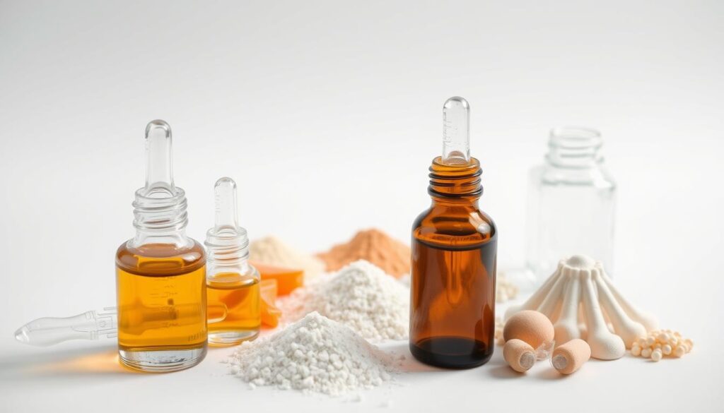A close-up view of various niacinamide serum ingredients arranged on a clean, white background. In the foreground, glass bottles and droppers containing clear, viscous liquids are neatly displayed. The middle ground features small piles of powdery ingredients like niacinamide, vitamin C, and hyaluronic acid. The background has a soft, diffused lighting that creates a bright, clinical atmosphere, highlighting the purity and quality of the components. The overall composition conveys a sense of professionalism, attention to detail, and the scientific nature of a high-quality niacinamide serum. A close-up view of various niacinamide serum ingredients arranged on a clean, white background. In the foreground, glass bottles and droppers containing clear, viscous liquids are neatly displayed. The middle ground features small piles of powdery ingredients like niacinamide, vitamin C, and hyaluronic acid. The background has a soft, diffused lighting that creates a bright, clinical atmosphere, highlighting the purity and quality of the components. The overall composition conveys a sense of professionalism, attention to detail, and the scientific nature of a high-quality niacinamide serum.