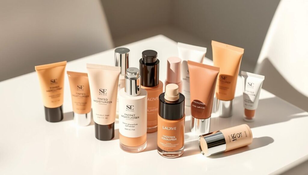 A collection of premium tinted moisturizers with built-in SPF, neatly arranged on a sleek, minimalist white tabletop. The products are beautifully displayed, showcasing their luxurious packaging and diverse skin tone-matching shades. Soft, natural lighting illuminates the scene, creating a warm, inviting atmosphere. The image captures the essence of an effortless, summer-ready routine, highlighting the convenience and versatility of these multitasking complexion boosters. Subtle reflections and shadows add depth and dimension, emphasizing the high-quality formulas. The overall composition is clean, stylish, and visually appealing, perfectly aligning with the section title "Top Picks for Tinted Moisturizers with SPF". A collection of premium tinted moisturizers with built-in SPF, neatly arranged on a sleek, minimalist white tabletop. The products are beautifully displayed, showcasing their luxurious packaging and diverse skin tone-matching shades. Soft, natural lighting illuminates the scene, creating a warm, inviting atmosphere. The image captures the essence of an effortless, summer-ready routine, highlighting the convenience and versatility of these multitasking complexion boosters. Subtle reflections and shadows add depth and dimension, emphasizing the high-quality formulas. The overall composition is clean, stylish, and visually appealing, perfectly aligning with the section title "Top Picks for Tinted Moisturizers with SPF".