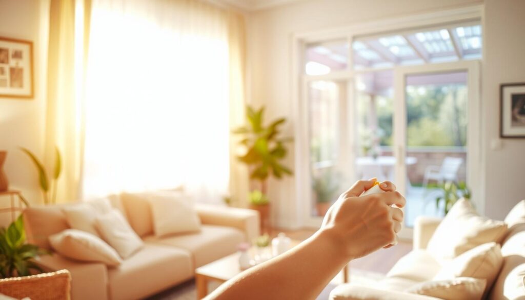 A cozy living room scene, bathed in warm, diffused natural light filtering through sheer curtains. In the foreground, a person is applying sunscreen to their arms, gently massaging it into their skin. The middle ground features plush furniture, potted plants, and a few framed artworks on the walls, creating a relaxed, homely atmosphere. The background showcases a large window, offering a glimpse of the outdoors - a sun-dappled patio or garden, hinting at the transition from indoor to outdoor spaces. The overall mood is one of self-care, comfort, and an awareness of sun protection, even within the confines of the home.