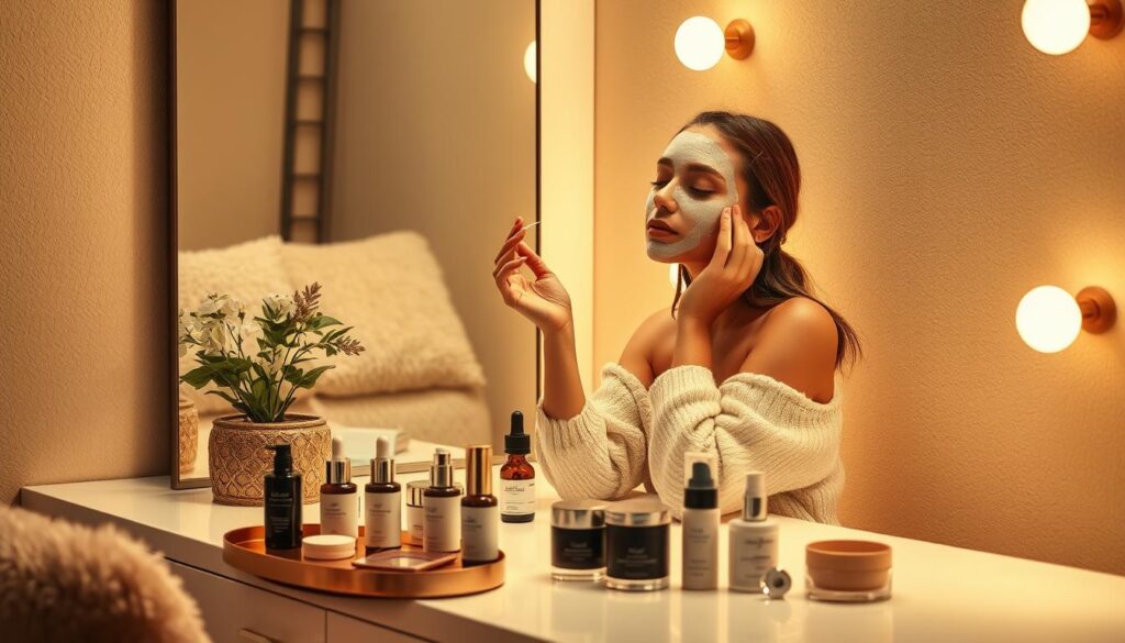 A dimly lit vanity, bathed in soft, warm lighting. On the surface, an array of luxurious skincare products - serums, creams, and tools arranged with care. A model sits at the vanity, applying a nourishing overnight mask, her face relaxed and serene. The room is cozy, with plush textures and muted tones creating an intimate, spa-like atmosphere. The model's movements are slow and intentional, highlighting the ritual and self-care aspect of a nighttime skincare routine. The image conveys a sense of tranquility, indulgence, and the importance of taking time for oneself at the end of the day. A dimly lit vanity, bathed in soft, warm lighting. On the surface, an array of luxurious skincare products - serums, creams, and tools arranged with care. A model sits at the vanity, applying a nourishing overnight mask, her face relaxed and serene. The room is cozy, with plush textures and muted tones creating an intimate, spa-like atmosphere. The model's movements are slow and intentional, highlighting the ritual and self-care aspect of a nighttime skincare routine. The image conveys a sense of tranquility, indulgence, and the importance of taking time for oneself at the end of the day.