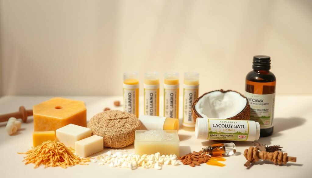 A flat-lay arrangement of moisturizing lip balm ingredients against a soft, neutral background. In the foreground, a selection of natural ingredients like beeswax, shea butter, coconut oil, and vitamin E are neatly displayed. The middle ground features a few lip balm containers, their labels removed to showcase the key components. The background is dimly lit, creating a tranquil, spa-like atmosphere with gentle highlights and shadows. The overall composition highlights the simplicity and purity of the lip balm formulation, inviting the viewer to consider the importance of conscious ingredient selection when choosing a nourishing lip care product. A flat-lay arrangement of moisturizing lip balm ingredients against a soft, neutral background. In the foreground, a selection of natural ingredients like beeswax, shea butter, coconut oil, and vitamin E are neatly displayed. The middle ground features a few lip balm containers, their labels removed to showcase the key components. The background is dimly lit, creating a tranquil, spa-like atmosphere with gentle highlights and shadows. The overall composition highlights the simplicity and purity of the lip balm formulation, inviting the viewer to consider the importance of conscious ingredient selection when choosing a nourishing lip care product.