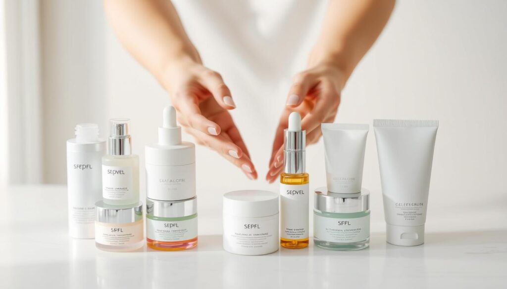A flat-lay arrangement of skincare products demonstrating proper layering technique. In the foreground, a clean, minimalist tabletop backdrop with various skincare items arranged in order of application - cleanser, toner, serum, eye cream, moisturizer, and SPF. The products are captured in soft, diffused natural lighting, highlighting their textures and colors. In the middle ground, hands gently apply each product, illustrating the smooth, fluid motions of the layering process. The background is blurred, keeping the focus on the central arrangement and the application technique. The overall mood is serene, educational, and visually compelling, guiding the viewer through the step-by-step layering of an effective skincare regimen. A flat-lay arrangement of skincare products demonstrating proper layering technique. In the foreground, a clean, minimalist tabletop backdrop with various skincare items arranged in order of application - cleanser, toner, serum, eye cream, moisturizer, and SPF. The products are captured in soft, diffused natural lighting, highlighting their textures and colors. In the middle ground, hands gently apply each product, illustrating the smooth, fluid motions of the layering process. The background is blurred, keeping the focus on the central arrangement and the application technique. The overall mood is serene, educational, and visually compelling, guiding the viewer through the step-by-step layering of an effective skincare regimen.