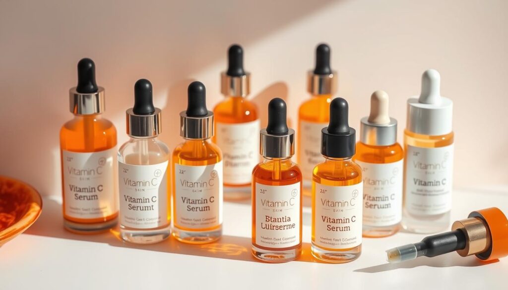 A high-quality, close-up view of various skin care products featuring vitamin C serum, arranged on a minimalist, light-colored surface. The serums are displayed in clean, modern glass bottles with droppers, showcasing their vibrant, golden-orange hue. Soft, diffused lighting illuminates the scene, casting gentle shadows and highlighting the serums' translucent quality. The arrangement is balanced and visually appealing, with the products neatly organized to emphasize their different skin type suitability. The overall mood is one of simplicity, purity, and the efficacy of vitamin C for diverse complexions.