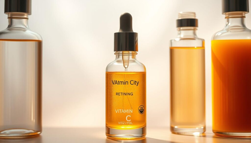 A luminous bottle of vitamin C serum against a soft, blurred background. The serum cascades downward, refracting light and revealing its golden, effervescent hue. Towering glass bottles filled with other skincare ingredients - hyaluronic acid, retinol, and niacinamide - flank the central vitamin C. Soft, diffused lighting illuminates the scene, casting a warm, inviting glow. The composition emphasizes the harmony and synergy of these powerful ingredients, hinting at the potent benefits of incorporating vitamin C into a comprehensive skincare routine.