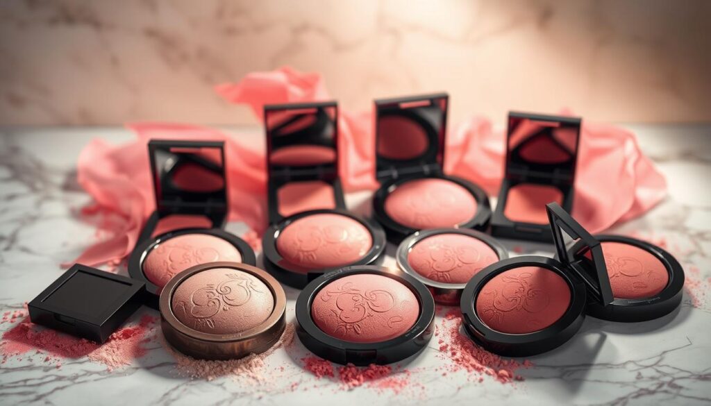 A luxurious array of exquisite blushes, artfully arranged on a marble countertop. The soft, luminous hues dance across the surface, casting a warm, radiant glow. Delicate ribbons of light cascade across the powdery textures, highlighting the intricate embossed patterns and sleek, sophisticated packaging. In the background, a softly diffused backdrop of muted, earthy tones creates a serene, high-end ambiance. The composition is balanced and visually striking, capturing the essence of the finest blushes the market has to offer in 2025. A luxurious array of exquisite blushes, artfully arranged on a marble countertop. The soft, luminous hues dance across the surface, casting a warm, radiant glow. Delicate ribbons of light cascade across the powdery textures, highlighting the intricate embossed patterns and sleek, sophisticated packaging. In the background, a softly diffused backdrop of muted, earthy tones creates a serene, high-end ambiance. The composition is balanced and visually striking, capturing the essence of the finest blushes the market has to offer in 2025.
