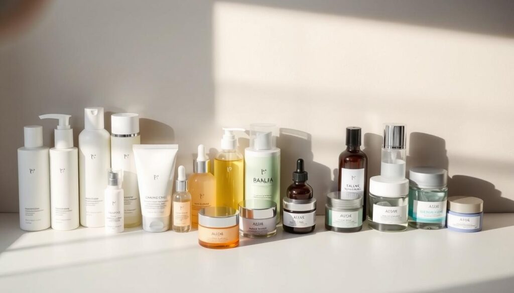 A meticulously arranged flat-lay showcasing a personalized skincare routine. In the foreground, an array of high-quality skincare products are neatly displayed - cleansers, toners, serums, moisturizers, and eye creams in a soothing color palette. The middle ground features a soft, diffused light, casting gentle shadows and highlights to accentuate the textures and packaging. In the background, a minimalist, muted surface provides a clean, uncluttered backdrop, allowing the products to take center stage. The overall composition conveys a sense of order, simplicity, and attention to detail, perfectly reflecting the "Building a Personalized Skincare Routine" section of the article. A meticulously arranged flat-lay showcasing a personalized skincare routine. In the foreground, an array of high-quality skincare products are neatly displayed - cleansers, toners, serums, moisturizers, and eye creams in a soothing color palette. The middle ground features a soft, diffused light, casting gentle shadows and highlights to accentuate the textures and packaging. In the background, a minimalist, muted surface provides a clean, uncluttered backdrop, allowing the products to take center stage. The overall composition conveys a sense of order, simplicity, and attention to detail, perfectly reflecting the "Building a Personalized Skincare Routine" section of the article.