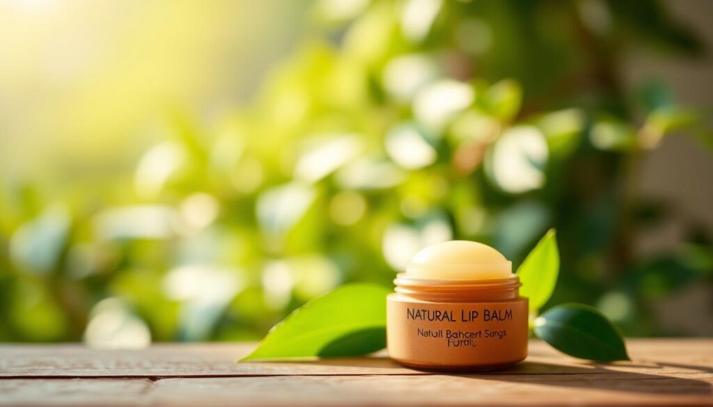 A natural lip balm resting on a wooden surface, illuminated by soft, warm lighting. The balm is encased in a minimalist, earthy-toned container, exuding a sense of purity and simplicity. In the background, blurred yet hinting at its presence, is a backdrop of lush, verdant foliage, conveying a serene, nature-inspired atmosphere. The overall composition evokes a feeling of nourishment and rejuvenation, capturing the essence of an effective, natural solution for chapped lips. A natural lip balm resting on a wooden surface, illuminated by soft, warm lighting. The balm is encased in a minimalist, earthy-toned container, exuding a sense of purity and simplicity. In the background, blurred yet hinting at its presence, is a backdrop of lush, verdant foliage, conveying a serene, nature-inspired atmosphere. The overall composition evokes a feeling of nourishment and rejuvenation, capturing the essence of an effective, natural solution for chapped lips.