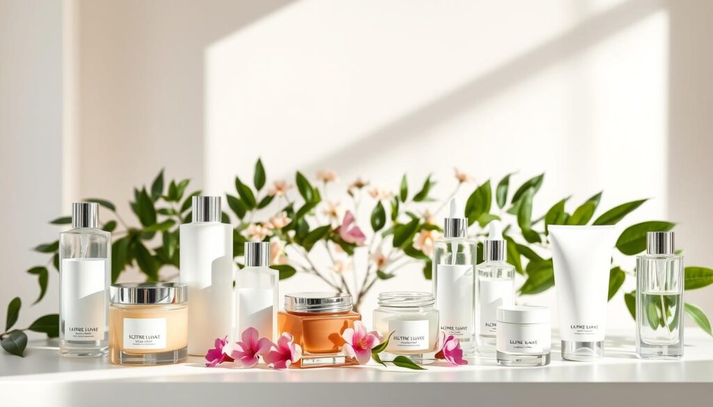 A pristine, minimalist table top display showcasing an assortment of high-quality summer skincare products. In the foreground, an arrangement of glass jars and bottles filled with nourishing lotions, hydrating serums, and lightweight moisturizers. Soft, diffused natural lighting illuminates the scene, casting gentle shadows and highlights on the translucent packaging. In the middle ground, lush green leaves and delicate flowers frame the display, hinting at the botanical ingredients within. The background is a clean, airy studio setting with muted, pastel-toned walls, conveying a sense of tranquility and purity. The overall mood is one of elevated simplicity, inviting the viewer to discover the key hydrating components of an effective summer skincare regimen.