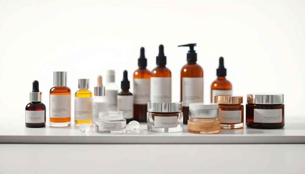 A serene, minimalist setup showcasing the layering of skincare products. In the foreground, a variety of high-quality skincare bottles and jars are neatly arranged on a clean, white surface, creating a sense of order and intention. The middle ground features delicate glass droplets, conveying the essence and efficacy of the products. In the background, a soft, diffused lighting illuminates the scene, casting a warm, inviting glow. The overall composition emphasizes the importance of a thoughtful, step-by-step approach to skincare, inviting the viewer to explore the nuances of proper layering for maximum skin health and radiance. A serene, minimalist setup showcasing the layering of skincare products. In the foreground, a variety of high-quality skincare bottles and jars are neatly arranged on a clean, white surface, creating a sense of order and intention. The middle ground features delicate glass droplets, conveying the essence and efficacy of the products. In the background, a soft, diffused lighting illuminates the scene, casting a warm, inviting glow. The overall composition emphasizes the importance of a thoughtful, step-by-step approach to skincare, inviting the viewer to explore the nuances of proper layering for maximum skin health and radiance.