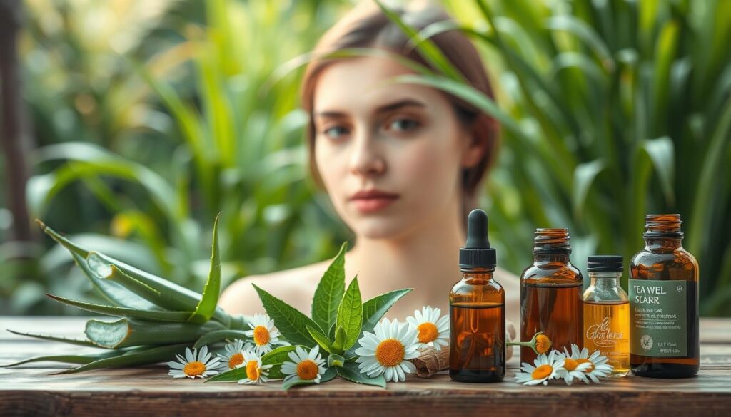 A serene natural scene showcasing various natural remedies for treating acne scars. In the foreground, a selection of soothing ingredients such as aloe vera leaves, chamomile flowers, and tea tree oil bottles are neatly arranged on a wooden table, bathed in soft, diffused lighting. The middle ground features a person's face, their complexion visibly improved, with the acne scars faded and skin glowing. In the background, a lush, verdant garden backdrop with swaying plants and a calming, earthy color palette creates a tranquil, restorative atmosphere. Captured with a shallow depth of field, the image conveys a sense of natural, holistic healing and a rejuvenated, healthy complexion. A serene natural scene showcasing various natural remedies for treating acne scars. In the foreground, a selection of soothing ingredients such as aloe vera leaves, chamomile flowers, and tea tree oil bottles are neatly arranged on a wooden table, bathed in soft, diffused lighting. The middle ground features a person's face, their complexion visibly improved, with the acne scars faded and skin glowing. In the background, a lush, verdant garden backdrop with swaying plants and a calming, earthy color palette creates a tranquil, restorative atmosphere. Captured with a shallow depth of field, the image conveys a sense of natural, holistic healing and a rejuvenated, healthy complexion.