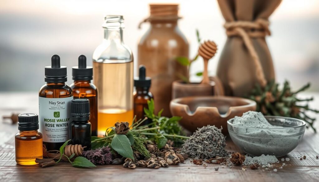 A serene scene of natural remedies for oily skin. In the foreground, an array of essential oils, herbs, and clay masks artfully arranged on a wooden surface, their vibrant colors and textures inviting exploration. In the middle ground, a glass bottle of rosewater and a bowl of raw honey, reflecting the soft, diffused lighting from above. The background features a tranquil, out-of-focus landscape, hinting at the connection between skin health and overall well-being. The overall mood is one of balance, simplicity, and the power of nature to nourish and restore the skin. Captured with a shallow depth of field and warm, natural tones to emphasize the calming, restorative atmosphere.
