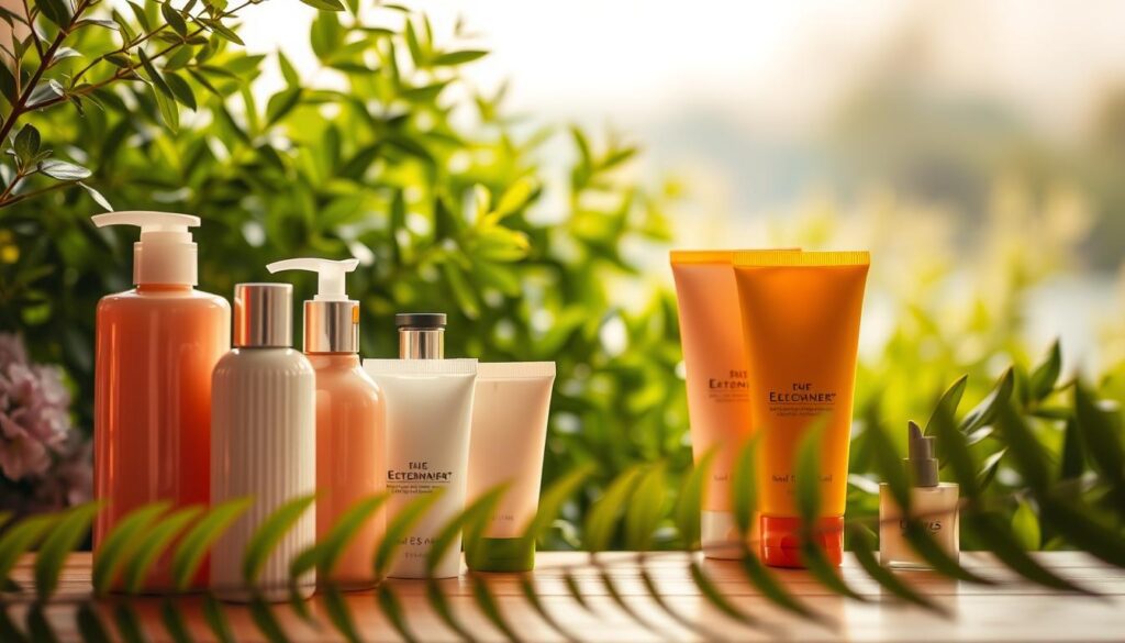 A stylishly arranged still life scene of must-have body lotions for hot weather. In the foreground, a set of travel-friendly bottles and tubes in a variety of sun-kissed hues, their surfaces reflecting warm, diffuse lighting. In the middle ground, lush greenery frames the composition, hinting at a tranquil, outdoor setting. The background is softly blurred, creating depth and a sense of serenity. The overall mood is one of relaxation and summer freshness, inviting the viewer to imagine applying these nourishing formulas after a day spent in the heat. A stylishly arranged still life scene of must-have body lotions for hot weather. In the foreground, a set of travel-friendly bottles and tubes in a variety of sun-kissed hues, their surfaces reflecting warm, diffuse lighting. In the middle ground, lush greenery frames the composition, hinting at a tranquil, outdoor setting. The background is softly blurred, creating depth and a sense of serenity. The overall mood is one of relaxation and summer freshness, inviting the viewer to imagine applying these nourishing formulas after a day spent in the heat.