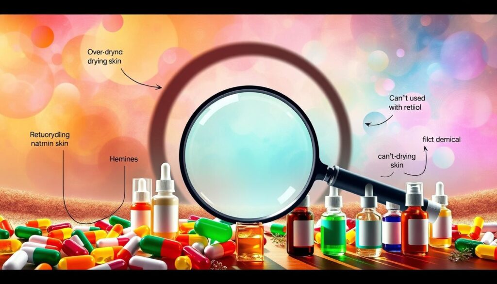 A vibrant, dynamic scene showcasing the myths and misconceptions surrounding vitamin C serum. In the foreground, an array of colorful pills, bottles, and serums, each representing a common myth - from "over-drying skin" to "can't be used with retinol". The middle ground features a large magnifying glass, symbolizing the need to examine these beliefs more closely. In the background, a hazy, dreamlike landscape with swirling colors and abstract patterns, representing the complex nature of skincare science. Dramatic lighting casts long shadows, adding depth and drama to the composition. The overall mood is one of curiosity and intrigue, inviting the viewer to explore the truth behind the myths.