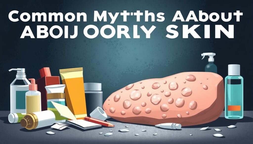 A visually striking illustration depicting "Common Myths About Oily Skin". In the foreground, a set of common skin care products and remedies associated with oily skin, such as blotting papers, clay masks, and astringent toners, arranged in a disorderly, haphazard manner, symbolizing the misconceptions surrounding oily skin care. In the middle ground, a stylized, abstract representation of the skin's surface, with exaggerated pores and an uneven, shiny texture, challenging the notion of a one-size-fits-all approach to oily skin. In the background, a moody, atmospheric setting with dramatic lighting, evoking a sense of confusion and the need to debunk persistent myths. The overall composition conveys a sense of visual tension, urging the viewer to reconsider their understanding of oily skin and its management.