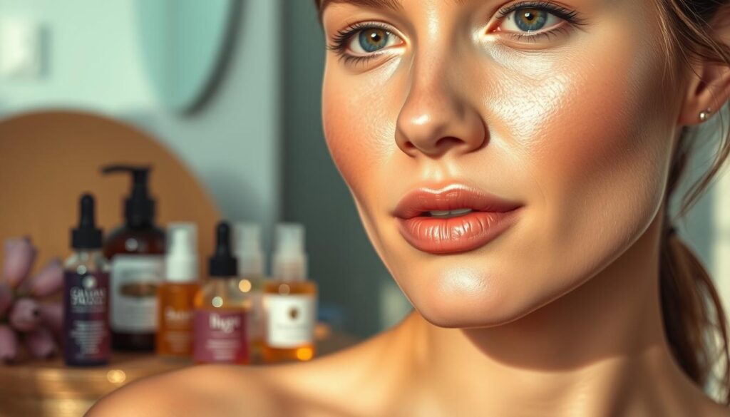 A well-lit, close-up portrait of a woman's face, her skin glowing with a radiant, healthy sheen. In the foreground, her skin appears smooth and luminous, with a subtle highlight on the high points of her face. In the middle ground, a selection of skincare products - serums, moisturizers, and facial oils - are artfully arranged, suggesting a relaxing, spa-like setting. The background is softly blurred, creating a sense of depth and focus on the subject's skin. The overall mood is calming, inviting, and emphasizes the importance of proper skincare as a foundation for glowy, party-ready makeup. A well-lit, close-up portrait of a woman's face, her skin glowing with a radiant, healthy sheen. In the foreground, her skin appears smooth and luminous, with a subtle highlight on the high points of her face. In the middle ground, a selection of skincare products - serums, moisturizers, and facial oils - are artfully arranged, suggesting a relaxing, spa-like setting. The background is softly blurred, creating a sense of depth and focus on the subject's skin. The overall mood is calming, inviting, and emphasizes the importance of proper skincare as a foundation for glowy, party-ready makeup.