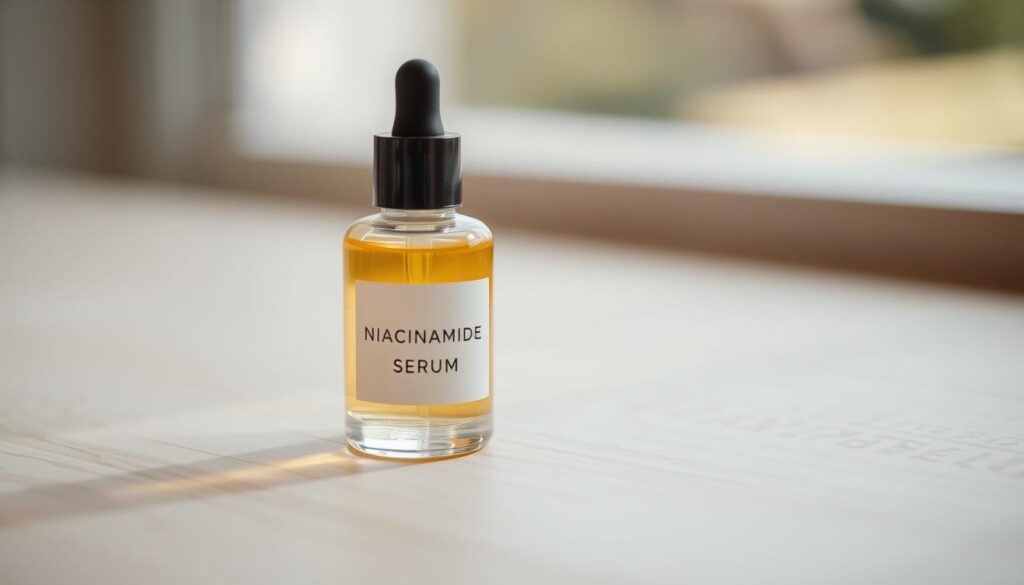 A well-lit close-up shot of a glass bottle filled with a transparent serum, placed on a light-colored wooden surface. The bottle has a simple, minimalist design with a label showcasing the product name "Niacinamide Serum". The background is softly blurred, creating a serene, natural atmosphere. The lighting is slightly warm, highlighting the glossy texture of the bottle and the liquid inside. The overall mood is one of calmness, inviting the viewer to imagine the soothing and rejuvenating effects of the serum on the skin. A well-lit close-up shot of a glass bottle filled with a transparent serum, placed on a light-colored wooden surface. The bottle has a simple, minimalist design with a label showcasing the product name "Niacinamide Serum". The background is softly blurred, creating a serene, natural atmosphere. The lighting is slightly warm, highlighting the glossy texture of the bottle and the liquid inside. The overall mood is one of calmness, inviting the viewer to imagine the soothing and rejuvenating effects of the serum on the skin.