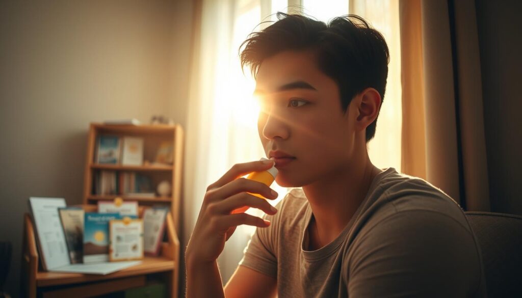 A well-lit indoor scene showcasing the importance of sunscreen use even when indoors. In the foreground, a person sits by a window, their face partially illuminated by the soft, warm sunlight streaming through. Intricate details capture their attentive expression as they apply sunscreen to their skin. In the middle ground, a bookshelf or desk with various sun-related educational materials, emphasizing the informative nature of the scene. The background features a neutral, calming color palette, accentuating the serene and educational atmosphere. Subtle lighting and camera angle create a sense of depth, drawing the viewer's attention to the central figure and the importance of indoor sun protection.