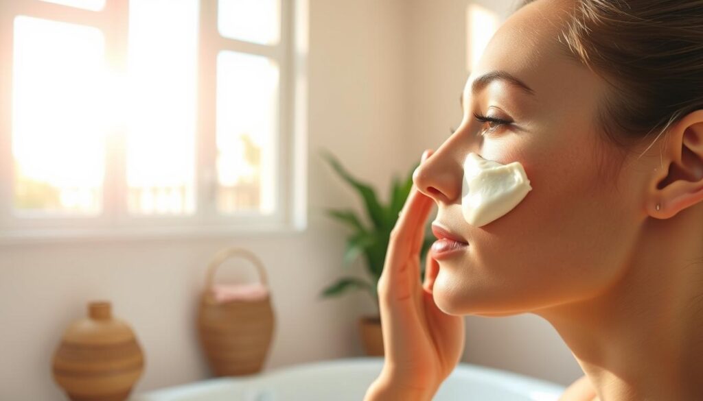 A well-lit indoor setting showcasing the benefits of sunscreen. In the foreground, a person's hand applies a generous dollop of sunscreen to their face, highlighting the creamy texture and easy application. The middle ground features a window overlooking a sunny outdoor scene, emphasizing the need for protection even indoors. The background depicts soothing pastel walls, creating a calming, spa-like atmosphere. The lighting is soft and diffused, accentuating the glow of the skin and the translucent nature of the sunscreen. The overall mood is one of health, comfort, and the importance of sun protection, even in the comfort of one's own home.