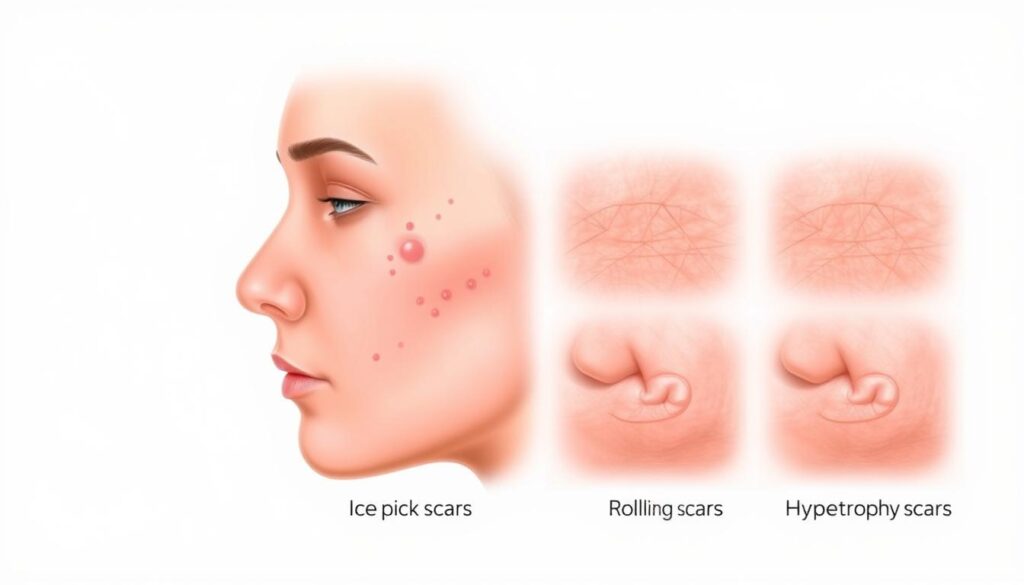 Detailed medical illustration of various types of acne scars against a clean, neutral background. Showcase the key visual characteristics of common acne scar types such as ice pick scars, boxcar scars, rolling scars, and hypertrophic scars. Capture the textural differences and varying depths of these scars using realistic rendering and a soft, clinical lighting setup. The image should have a subdued, educational tone to support the informative nature of the article section. Detailed medical illustration of various types of acne scars against a clean, neutral background. Showcase the key visual characteristics of common acne scar types such as ice pick scars, boxcar scars, rolling scars, and hypertrophic scars. Capture the textural differences and varying depths of these scars using realistic rendering and a soft, clinical lighting setup. The image should have a subdued, educational tone to support the informative nature of the article section.