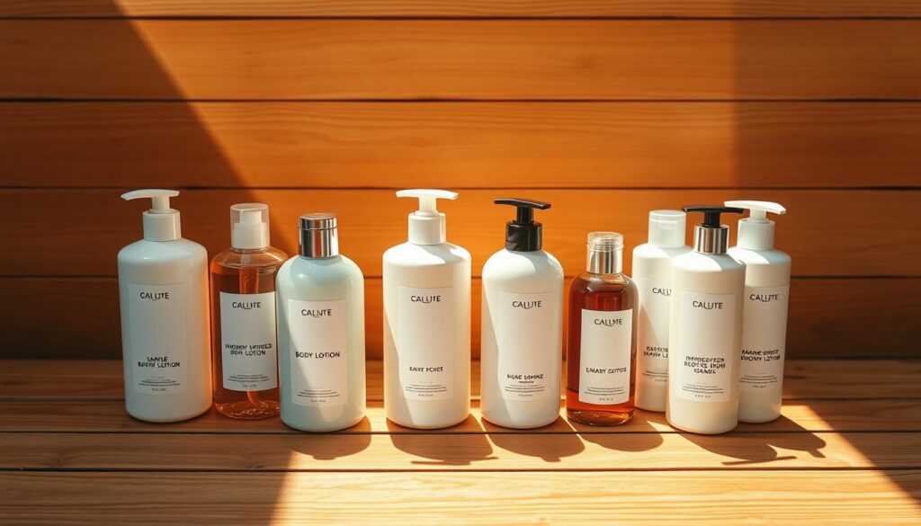 A pristine, minimalist table top display showcasing an assortment of high-quality summer skincare products. In the foreground, an arrangement of glass jars and bottles filled with nourishing lotions, hydrating serums, and lightweight moisturizers. Soft, diffused natural lighting illuminates the scene, casting gentle shadows and highlights on the translucent packaging. In the middle ground, lush green leaves and delicate flowers frame the display, hinting at the botanical ingredients within. The background is a clean, airy studio setting with muted, pastel-toned walls, conveying a sense of tranquility and purity. The overall mood is one of elevated simplicity, inviting the viewer to discover the key hydrating components of an effective summer skincare regimen. Top 10 Body Lotions for Summer