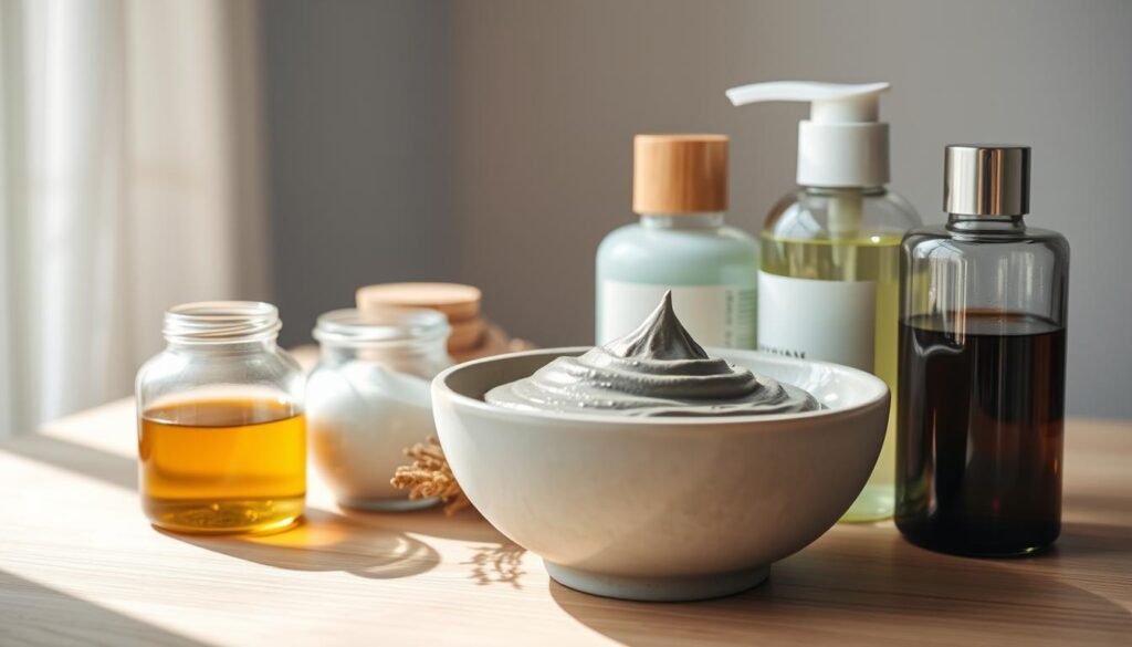 a high-quality close-up photograph of an assortment of natural skincare products for treating oily skin, including a glass jar of facial oil, a ceramic bowl of clay mask, and a bottle of facial toner, all arranged on a clean, minimalist wooden surface with soft, diffused natural lighting from the side, creating a tranquil, spa-like atmosphere that emphasizes the purity and effectiveness of the natural ingredients