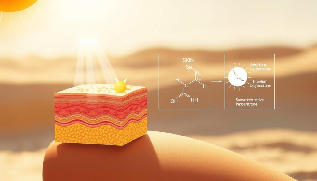 a high-resolution, detailed image of a scientific illustration depicting the mechanisms of sunscreen protection. in the foreground, a cross-section of human skin shows the epidermis, dermis, and hypodermis layers. ultraviolet rays from the sun are shown penetrating the skin, with sunscreen molecules on the surface absorbing and reflecting the harmful UV radiation. in the middle ground, a molecular diagram illustrates the chemical structures and functions of common sunscreen active ingredients like avobenzone, oxybenzone, and titanium dioxide. the background features a soft, blurred landscape of a sunny, outdoor scene to set the context. the overall mood is educational, scientific, and informative, with clean, precise illustrations and a neutral color palette.
